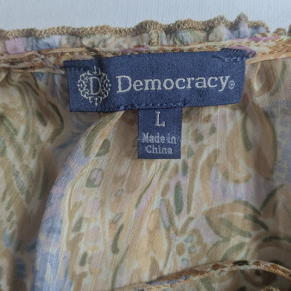 Democracy Womens Yellow Brown Paisley Sheer Peasant Top + Blouse Size L $88 EUC - Picture 8 of 13